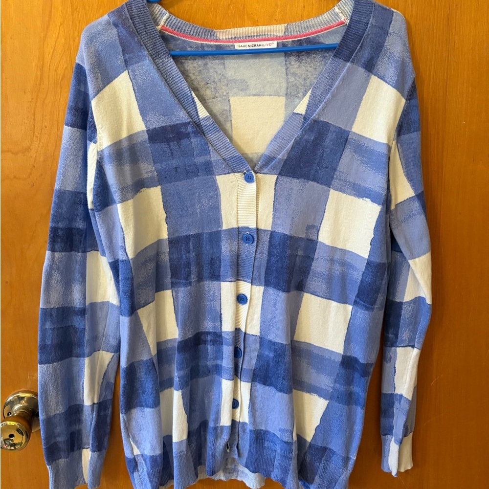 Isaac Mizrahi Blue and Cream Checkered Cardigan/runs big